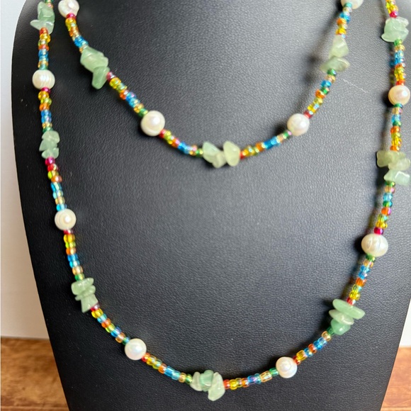 Multicolor and Pearl Boho Beachy Beaded Necklace with Green Accents - Picture 2 of 10
